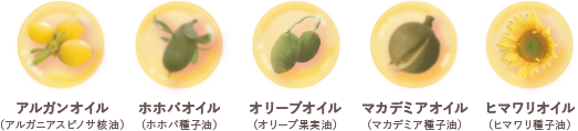 アルガンオイル （アルガニアスピノサ核油） ホホバオイル （ホホバ種子油） オリーブオイル （オリーブ果実油） マカデミアオイル （マカデミア種子油） ヒマワリオイル （ヒマワリ種子油）