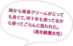 姉から美身クリームがとっても良くて何十年も使ってるから、使ってごらんと言われた。（高年齢層女性）