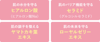 肌の水分を守る ヒアルロン酸（ヒアルロン酸Na）肌のバリア機能を守るセラミド（グルコシルセラミド）肌の調子を整えるヤマトカキ葉エキス 肌の未来を守るローヤルゼリーエキス
