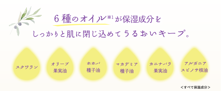 6種のオイル※1が保湿成分をしっかりと肌に閉じ込めてうるおいキープ。スクワラン、オリーブ 果実油、ホホバ 種子油、マカデミア 種子油、カニナバラ 果実油、アルガニア スピノサ核油 <すべて保湿成分>