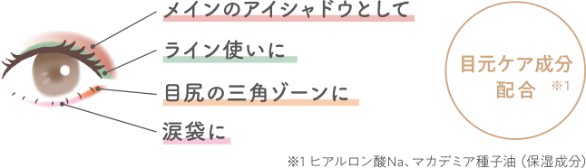 メインのアイシャドウとして ライン使いに 目尻の三角ゾーンに 涙袋に 目元ケア成分配合※1 ※1ヒアルロン酸Na、マカデミア種子油(保湿成分)